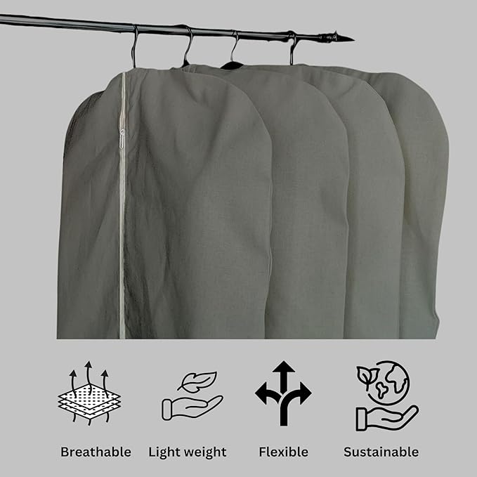 Garment Bag for Hanging Clothes – Organic Cotton Suit & Coat Cover with Zipper | Breathable Closet Organizer for Travel & Storage (Medium (24"x40"), Gray)