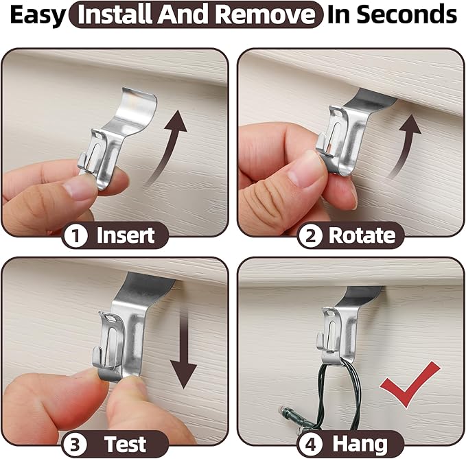 Amuille Vinyl Siding Light Clips, 20 Pack Vinyl Siding Hooks, Heavy Duty Stainless Steel Siding Hangers for Hanging Outside Holiday Decor, String Lights, Wreaths