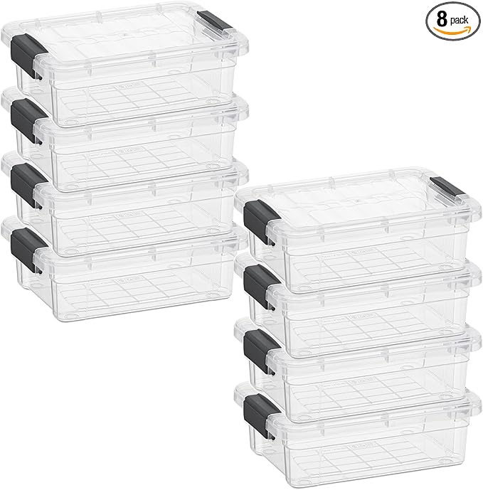 Superio Mini Storage Container Plastic Crayon Box Art Supplies and Sewing Case Stackable Clear Small Organizer for Beads, Stationery, Chalk, and Food, 0.7 Quart, 8 Pack