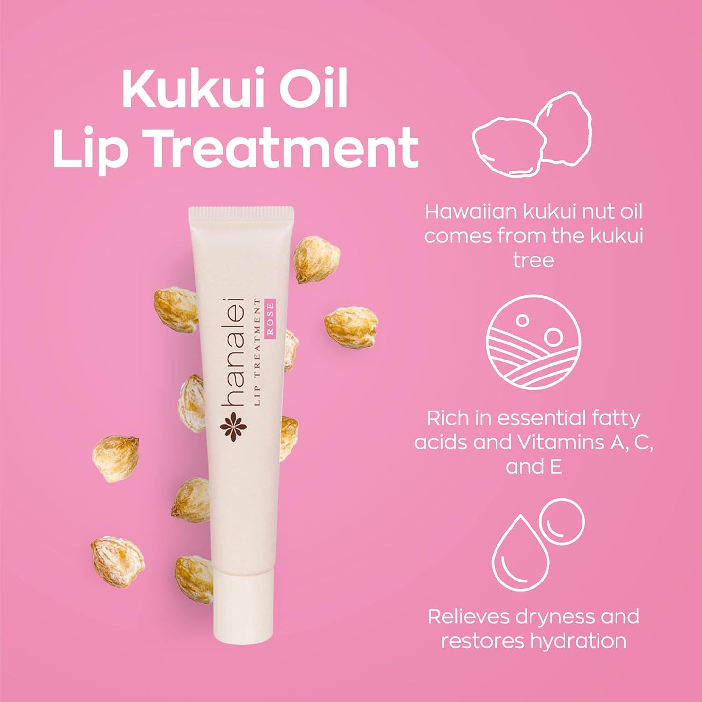 Hanalei Hydrating Lip Treatment Balm – Cruelty-Free, Paraben-Free Moisturizer for Severely Dry, Chapped Lips – Kukui Oil, Shea Butter & Grapeseed Oil –Rose Tint, Travel-Size 3-Pack (5g X 3)
