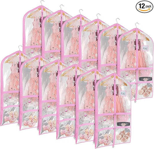 Univivi Clear Pink PVC Dance Costume Bags (12 Pack) Garment Bag 40 Inch for Dance Competitions, with 4 Medium Clear Zipper Pockets and 1 Large Back Zippered Pocket [Upgraded Version]