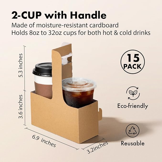 FMP Brands 2 Cup Disposable Drink Carrier with Handle, 15 Pack Kraft Paperboard Handled Drink Carriers 12-30 oz to Go Coffee Cup Holder, Cup Carrier for Cold Hot Drinks, Valentine Mother's Day
