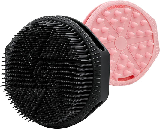 Silicone Body Scrubber for Men Women, Dual-Sided Bath Brushes Gentle Exfoliating Body Scrubber Scalp Massager for Deep Cleansing, Soft Silicone Loofah Body Washing Brushes (Black+Pink)