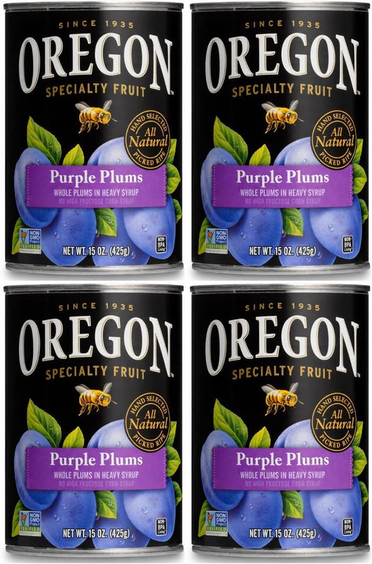 Oregon Whole Purple Plums in Heavy Syrup, 15 oz Cans, Pack of 4, Gourmet Canned Fruit for Baking, Desserts & Cooking