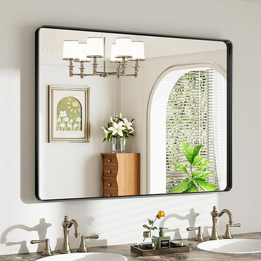 40X30 Black Bathroom Mirror for Over Sink, Metal Framed Vanity Mirror Wall Mounted, Rectangle Mirror for Bedroom Living Room Restroom Entryway, Anti-Rust, HD Tempered Glass
