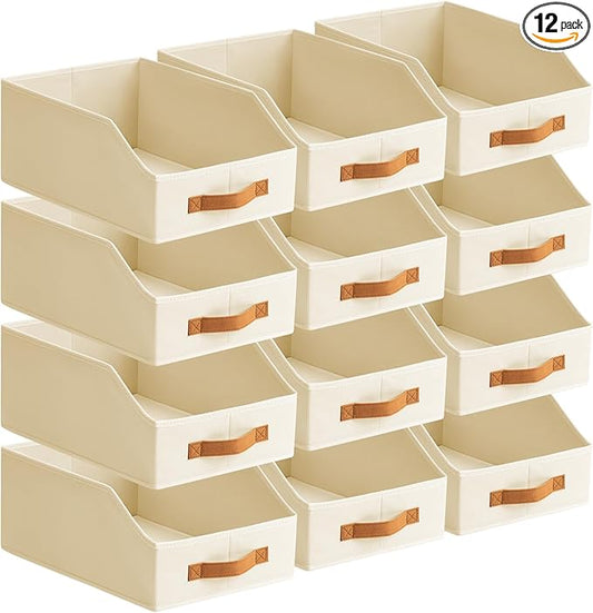 Fabric Storage Bins for Organizing - 12 Pack Large Trapezoid Collapsible Storage Bins with Front Handle, Closet Organizers and Storage for Bedroom, Home Shelves, Small Spaces, Beige
