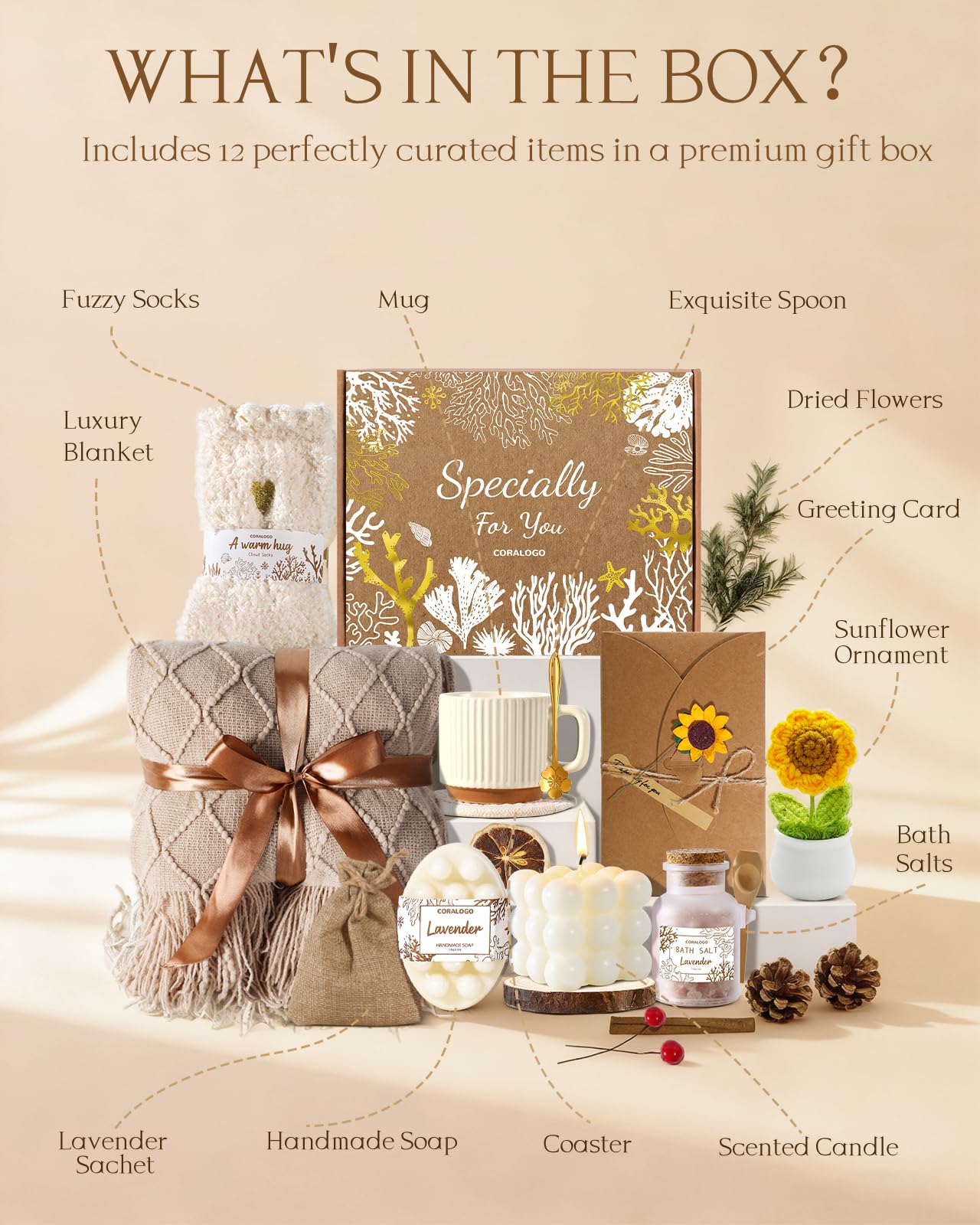 Coralogo Spa Gift Baskets for Women - Get Well Soon, Self Care, Relaxing Sunflower Gift Basket, 12pcs Spa Sets for Women, Luxury Gifts for Birthday Christmas Valentines Day Mothers Day