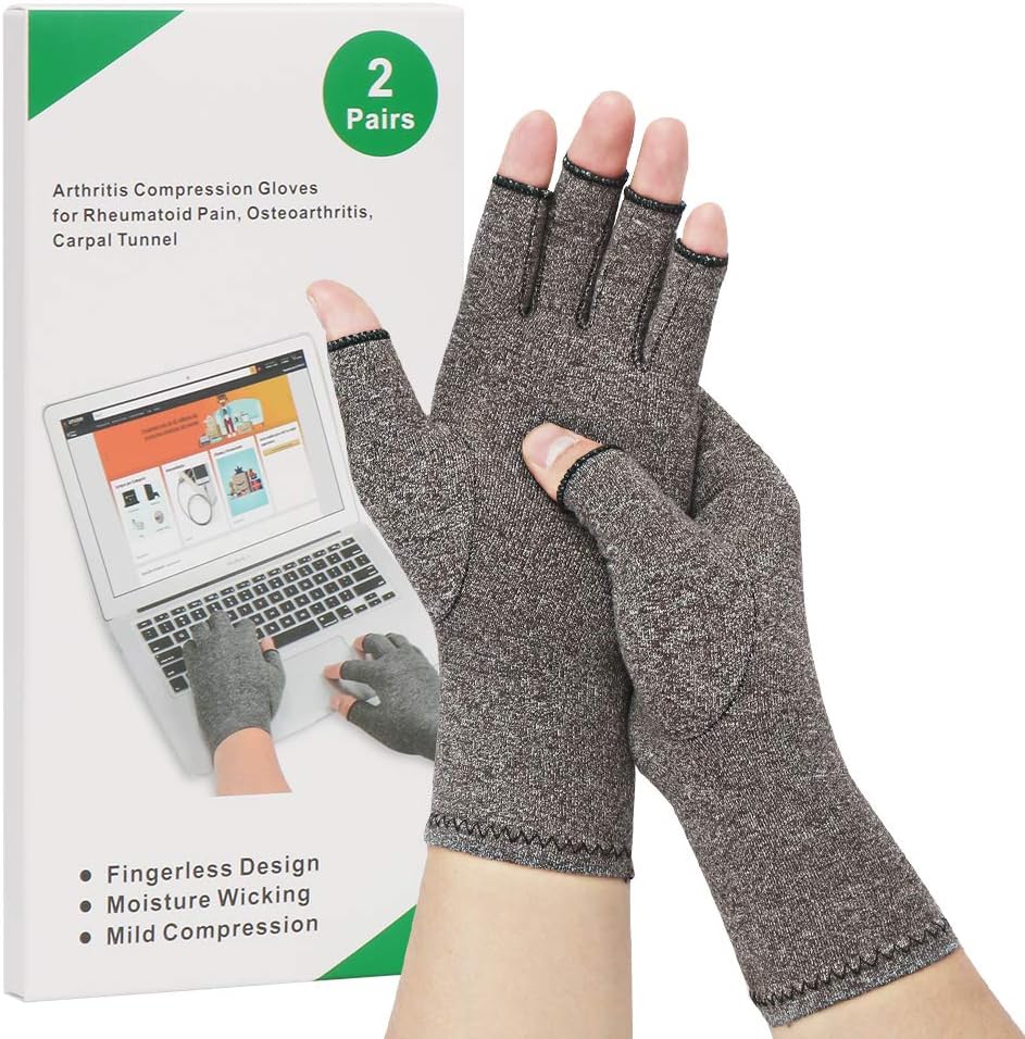 2-Pair Arthritis Compression Gloves for Alleviate Rheumatoid Osteoarthritis, Carpal Tunnel Raynauds Disease, Fingerless Design Breathable & Moisture, Women and Men (Gray, Small)