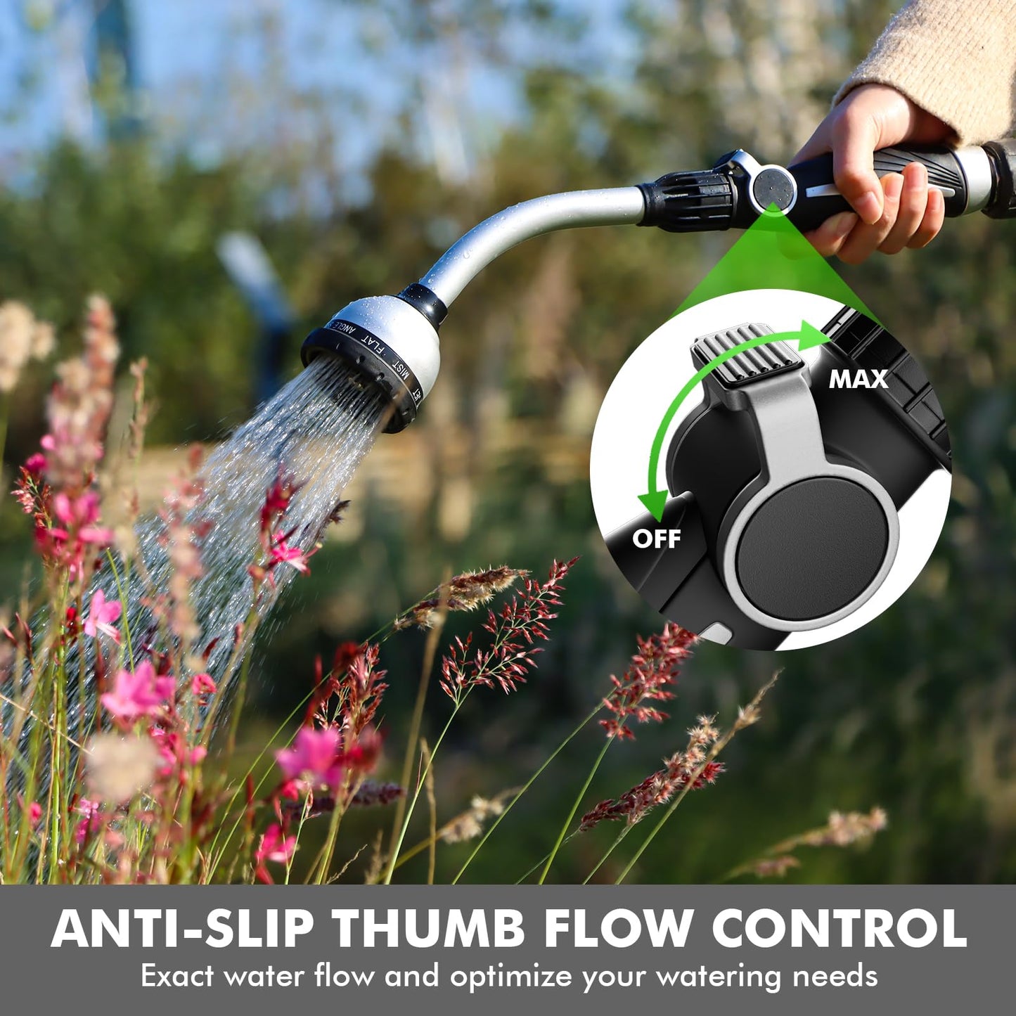 RESTMO Watering Wand Heavy Duty, Metal Garden Hose Wand with Thumb Flow Control, 15-Inch Long Hose Nozzle Sprayer with 10 Spray Patterns, Ideal to Water Hanging Baskets and Shrubs, Silver