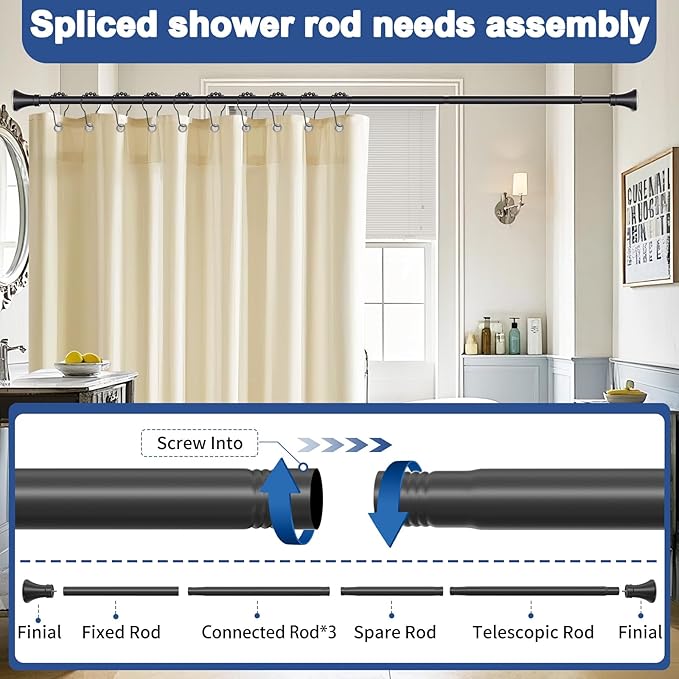 YNL Matte Black Shower Curtain Rod 36-94 Inch(3-7.8ft), No Slip No Drill No Rust Shower Rod For Bathroom Window Patio, Adjustable Spring Long Tension Rod
