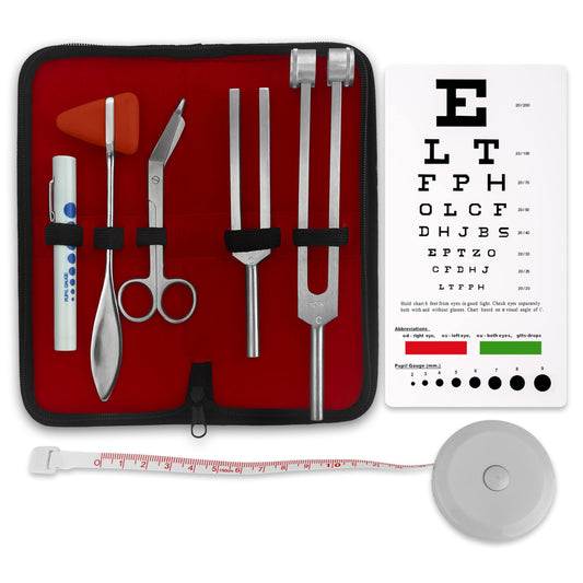 ASA TECHMED Premium 7 Piece Silver Diagnostic Kit - Taylor Hammer, Measuring Tape, Tuning Forks, Bandage Scissors, Pupil Gauge Penlight, Snellen Eye Chart (Silver)