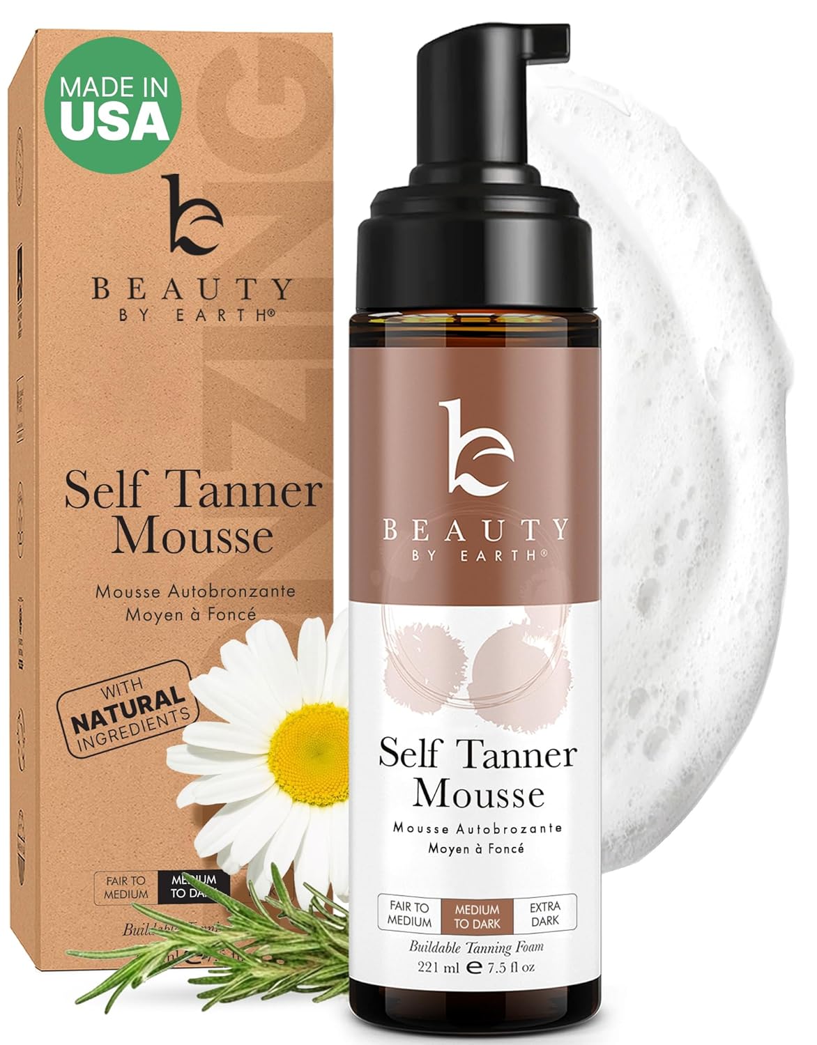Self Tanner Mousse - USA Made with Natural & Organic Ingredients, Self Tanning Mousse for Dark Fake Tan, Sunless Tanner, Clear & Non Toxic Tanning Foam for Streak Free Finish & Natural Glow