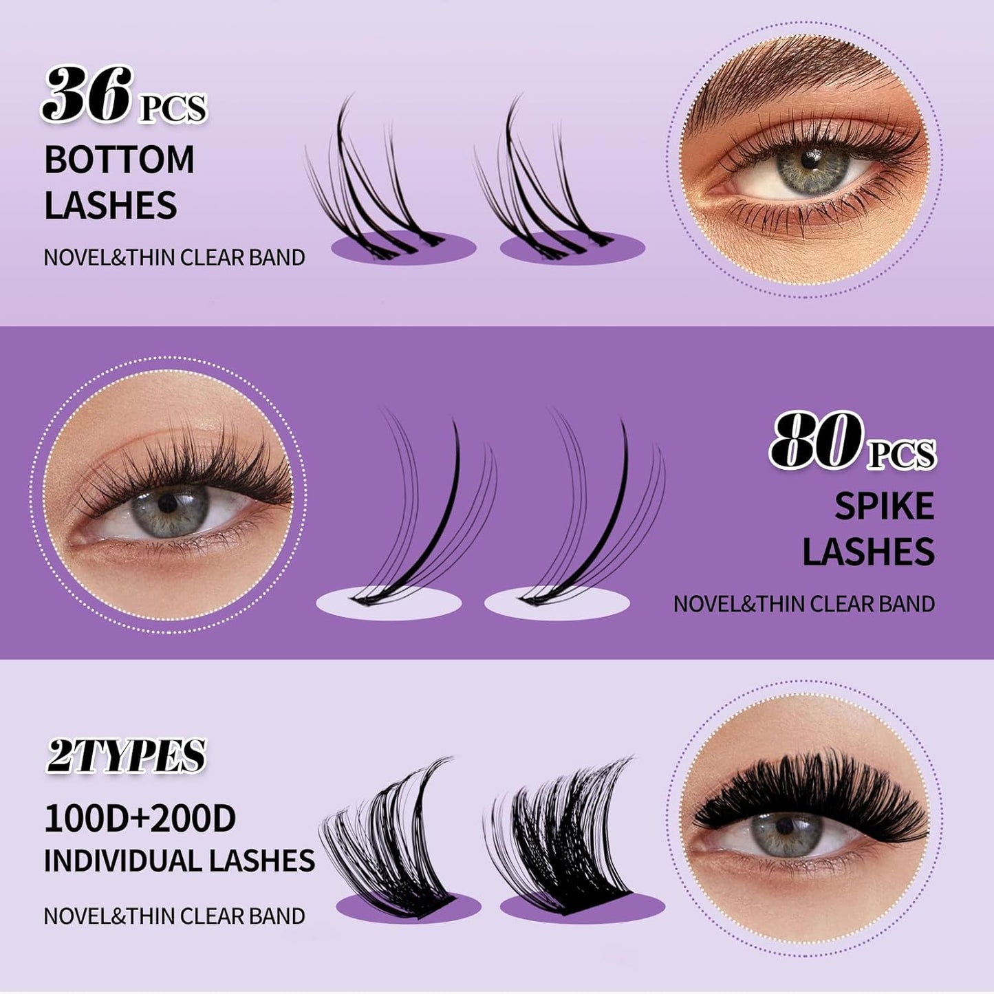 DIY Lash Extension Kit 100D/200D Lash Clusters With Bottom Lashes 12-18mm Multi-types Individual Lashes Bond and Seal, Spike, Volume Lashes Kit Lash Applicator(100/200 Kit)