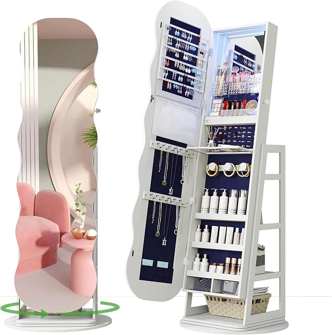 HNEBC 360Â° Swivel Jewelry Cabinet with Lights, LED Jewelry Armoire with Mirror, Wavy Wide Full-Length Mirror with Storage, Lockable Mirror Jewelry Cabinet Standing (White)