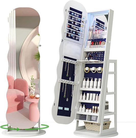 HNEBC 360Â° Swivel Jewelry Cabinet with Lights, LED Jewelry Armoire with Mirror, Wavy Wide Full-Length Mirror with Storage, Lockable Mirror Jewelry Cabinet Standing (White)