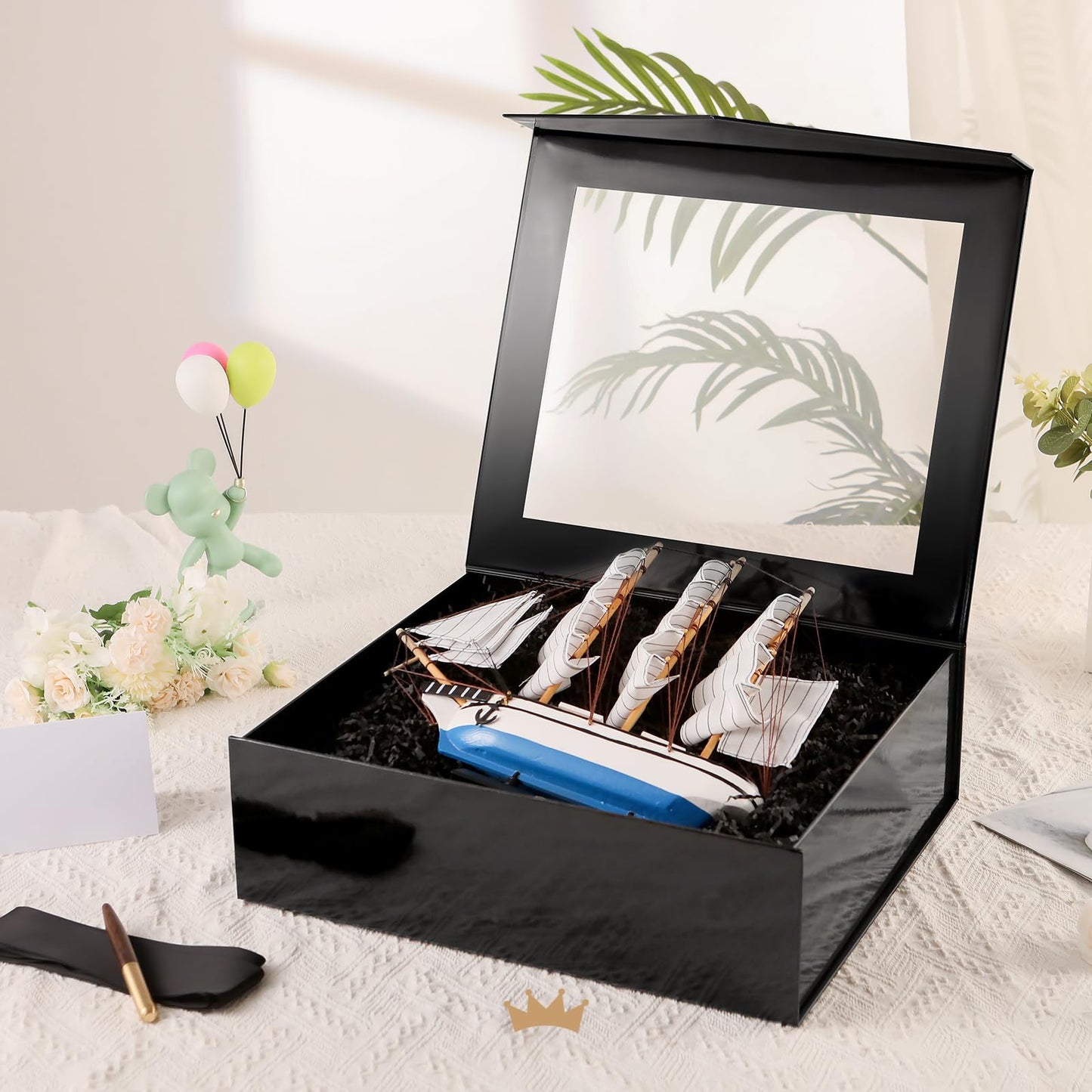 PACKQUEEN Extra Large Black Gift Box with Window, 16.3x14.2x5 Inches Clear Gift Box for Present Contains Ribbon, Card, Groomsman Proposal Box with Magnetic Lid (Glossy Black)