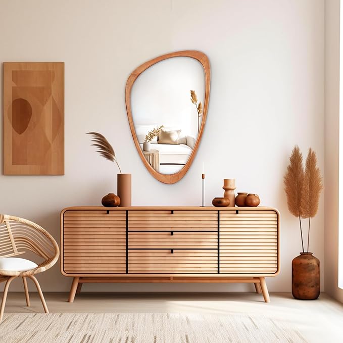 WallBeyond Asymmetrical Mirror, Irregular Wall Mirror, Wall Mirrors Decorative for Bedroom Living Room Entryway Hall, Wood Mirror for mid Century Modern Decor 30" H x 19" W