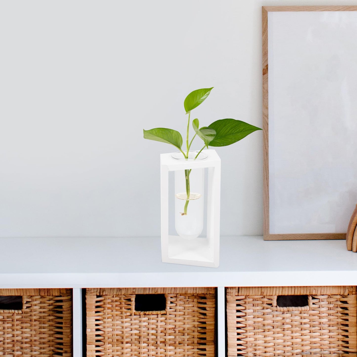 GOOHOCHY Wooden Frame Test Tube Glass Vase Hydroponic Propagation Planter for Indoor Plants Small Glass Terrarium Decor White Stand for Home Office