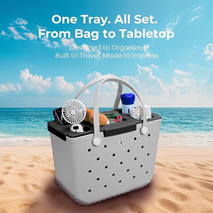 Tote Topper Tray Accessories for Bogg Bag Large - Waterproof EVA Table Top Organizer Lid with Cup Holder, Snack, Phone & Drink Holders for Beach, Pool, Picnic, Travel (Black)