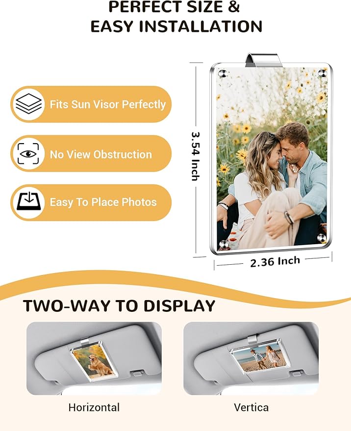 2 Pack Car Picture Holder and Visor Photo Clip, Clear Acrylic Magnetic Car Photo Holder, Horizontal & Vertical Photo Car Sun Visor Picture Frame, Auto Accessories, Family, Couple, Pet Photos