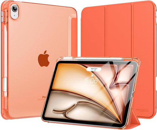 MoKo for iPad Air 11 inch Case (M4/M3/M2) 2026/2025/2024, iPad Air 5th/4th Gen 10.9 inch Case 2022/2020 with Pencil Holder, Slim Light Trifold Cover with Hard PC Translucent Back Shell, Orange