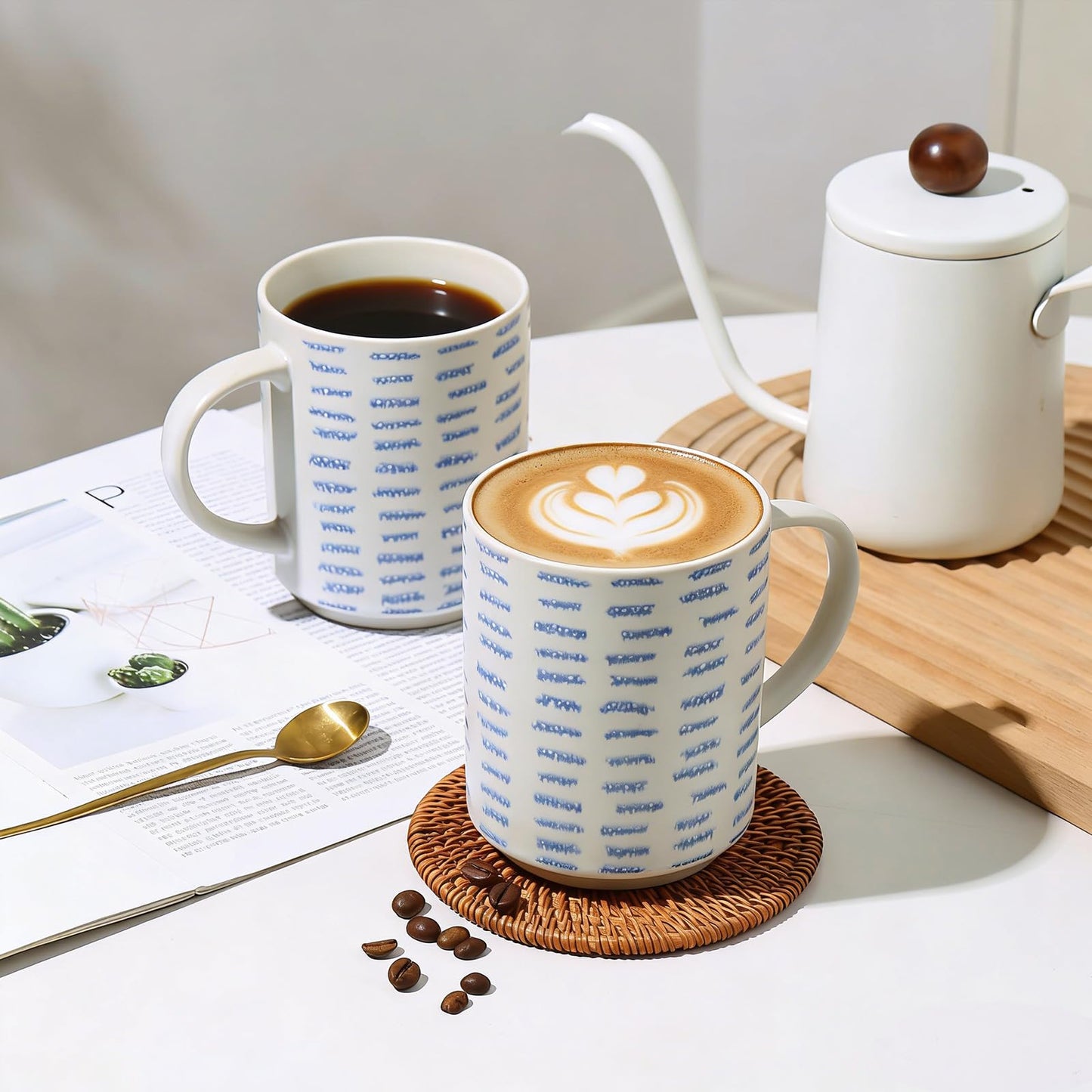 ALOFMO Coffee Mugs Set of 6, 17oz Ceramic Mugs with Handpainted Blue Gray Stripe Pattern, Modern Stackable Coffee Cups, Dishwasher and Microwave Safe Mugs for Home & Office