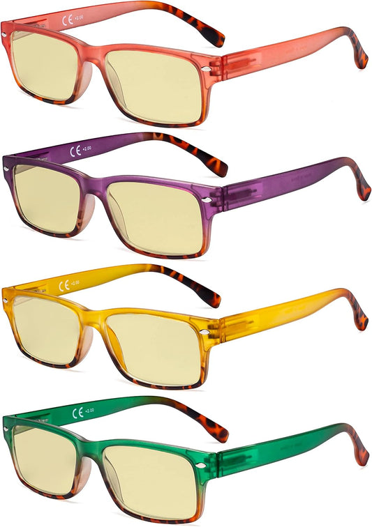 Eyekepper 4 Pack Computer Reading Glasses - Fashion Blue Light Blocking Readers for Women Men Yellow Tinted +2.00
