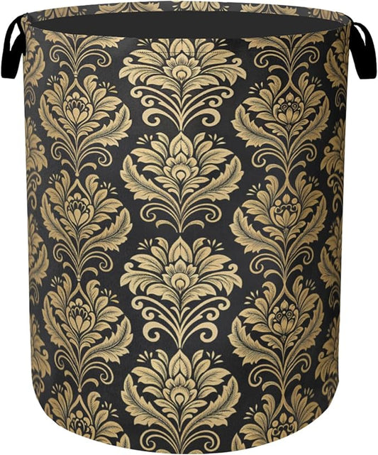 Golde Black Damask Flowers Laundry Basket - Extra Large Foldable Washable Laundry Hamper with Handles, Storage Bin for Bathroom/Laundry/Bedroom/Dorm