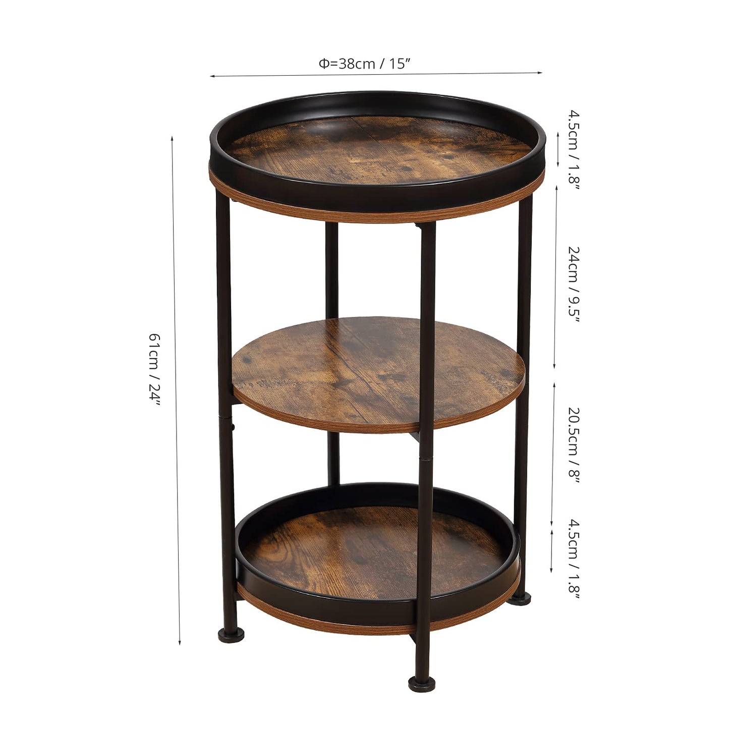 YEAKOO Industrial Nordic End Table, 3-Tier Round Side Table with Storage Shelf Edge Protection Tray, Sturdy Metal Frame Coffee Table Bedside Table for Living Room Bedroom Small Spaces/Rustic Brown