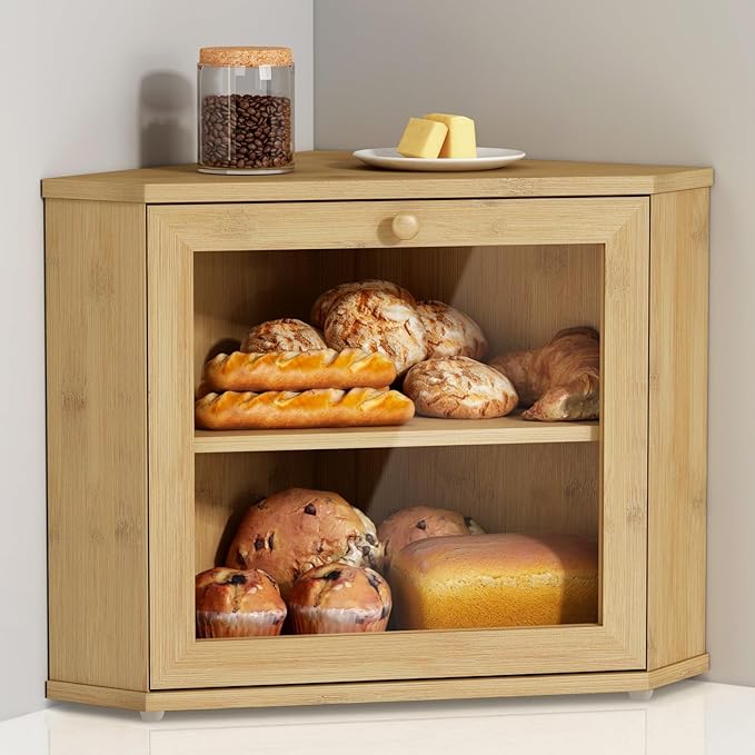 Bamboo Corner Bread Box for Kitchen Counter, 2 Tier Bread Keeper Wooden Round, Farmhouse Bread Storage Bin for Kitchen Countertop, Counter Organizer for Bread, Cup, Fruit, Spice, Snack
