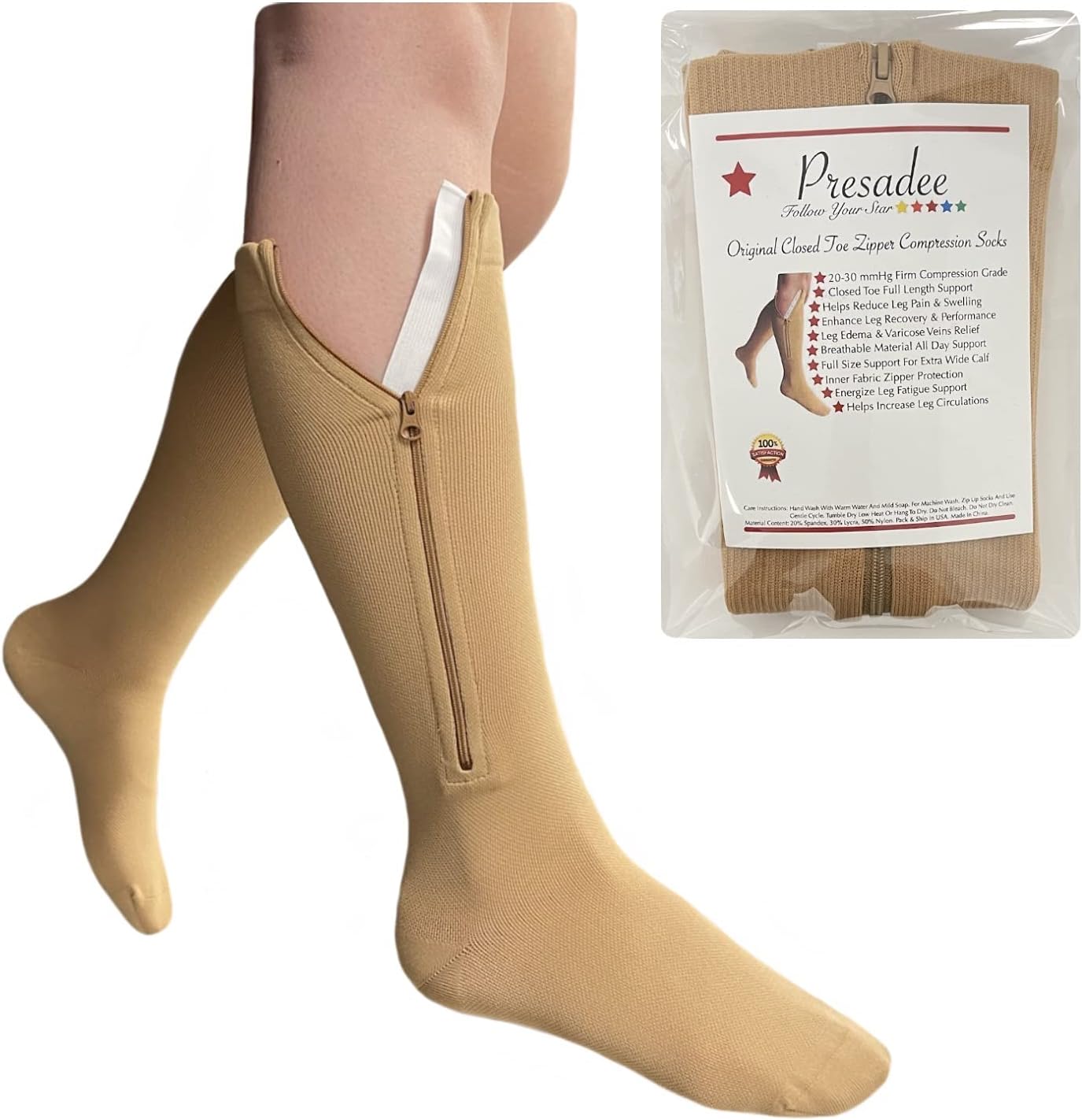 Presadee Original Closed Toe 20-30 mmHg Zipper Compression Calf Leg Socks (2X-Large (1 Pair), Beige)