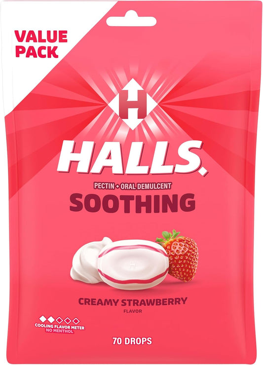 HALLS Throat Soothing Creamy Strawberry Throat Drops, 70 Drops