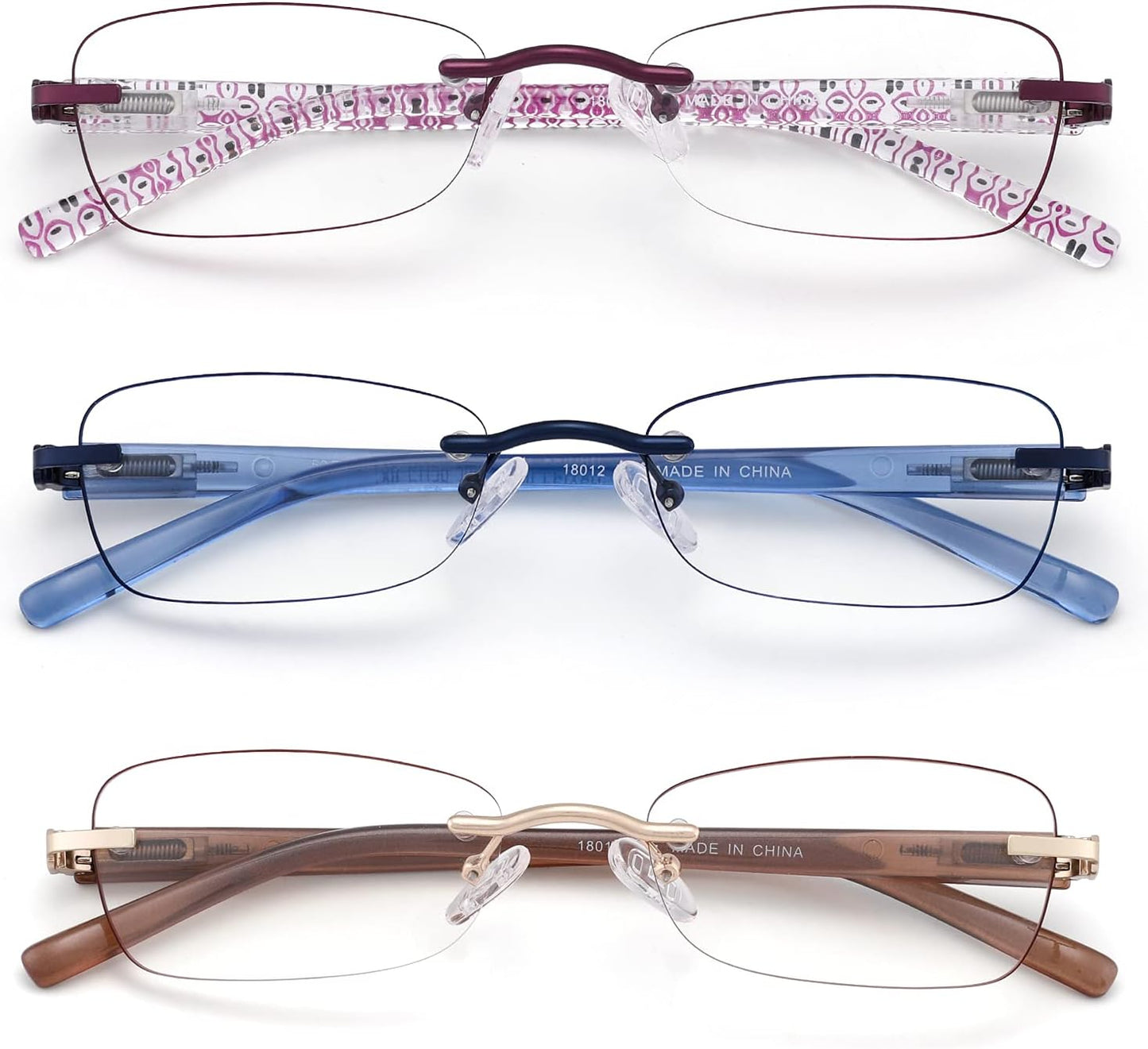 3 Pack Rimless Reading Glasses for Women Blue Light Blocking Readers Tinted Edge Spring Hinge Pattern Print Arm Eyeglasses Mix 2.00