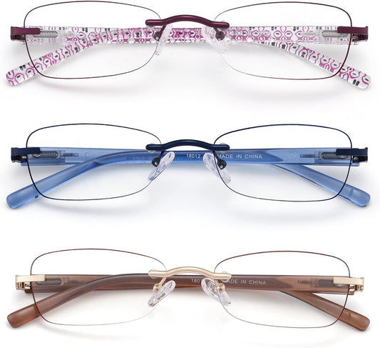 3 Pack Rimless Reading Glasses for Women Blue Light Blocking Readers Tinted Edge Spring Hinge Pattern Print Arm Eyeglasses Mix 2.50