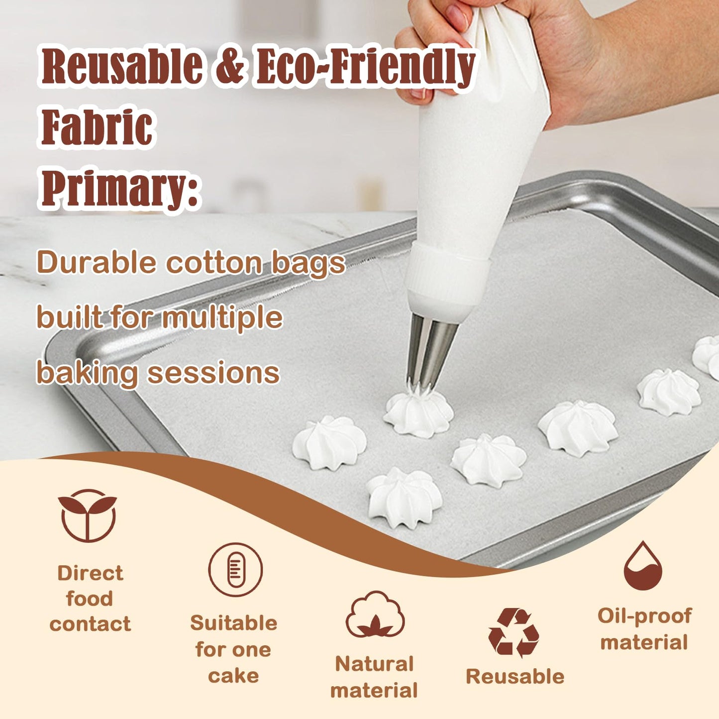 9-Piece Reusable Piping Bags and Tips Set- Cotton Baking Kit with Coupler, Stainless Steel Nozzles & Cleaner for Cakes/Cupcakes/Cookies Decorating