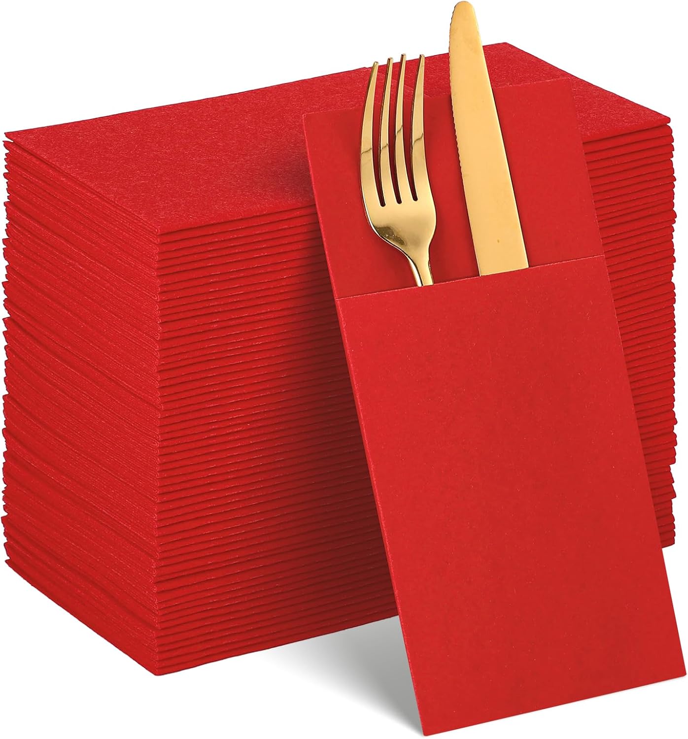 60 Pcs Red Linen-Feel Paper Napkins with Built-in Flatware Pocket, Pocket Linen Napkin Prefolded Cloth Like Paper Napkin Bulk for Anniversay Silverware Birthday Bathroom Wedding Party