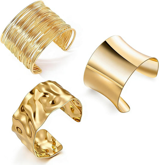 3PCS Gold Chunky Cuff Bracelets for Women Irregular Minimalist Statement Bangle Bracelets Set Open Wide Bangle Arm Cuff Upper Arm Punk Jewelry