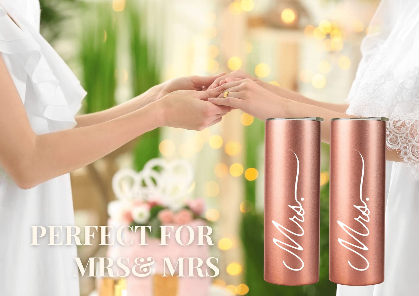 Onebttl Wedding Gifts for Couples, Insulated Stainless Steel Wine Tumblers Set with Lid & Straw, for Newlywed, Ideal for Engagement, Anniversary, Bridal Shower - Mrs & Mrs, Lesbian Gifts