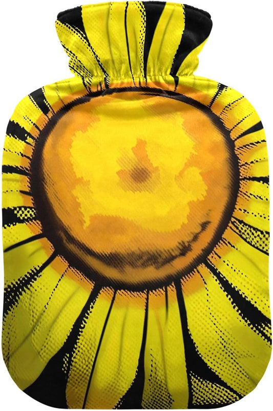 Hot Water Bottle with Soft Cover Bed Hand Feet Warmer Winter Gift Yellow Sunflowers Black Hot Water Bag for Neck and Shoulder Pain Relief Medium