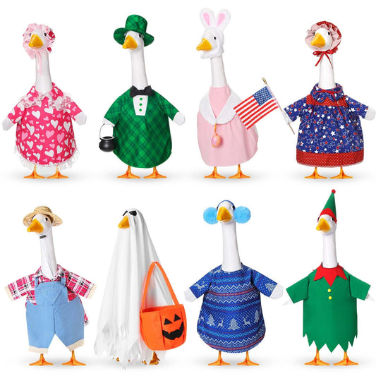 Silicherry 8 Set Holiday Porch Goose Outfits for 23" Cement Goose Spring Summer 4th of July Patriotic All Season Costume Clothes for Lawn Garden Patio Indoor Outdoor Statue Decor(Typical Style)
