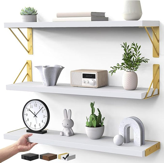 BAYKA Wall Shelves for Bedroom Decor, Floating Shelves for Living Room Kitchen Storage, Wall Mounted Rustic Wood Shelves for Kids Books,Corner Shelves for Bathroom(White and Goldï¼23inï¼Set of 3)