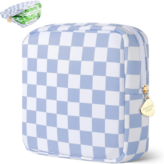 Period Bag Pouch Soft Cloth Sanitary Napkin Storage Bag Portable Menstrual Pad Pouches Tampon Holder for Purse First Period Kit for Girls 9-12 (Blue-White Check)
