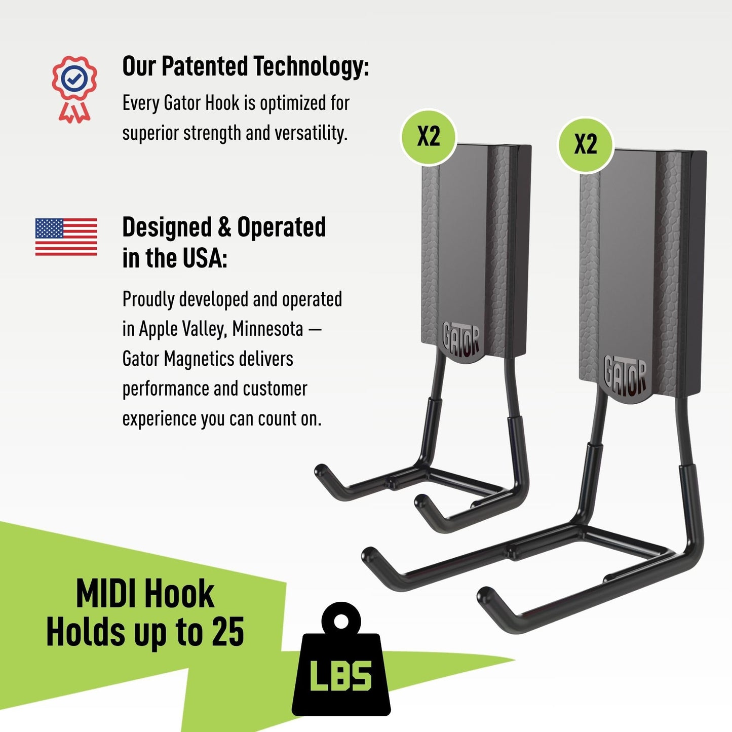 GATOR MAGNETICS MIDI 2.5 & 4" Open Hooks, 25 lb Heavy Duty Magnetic Hooks for Steel Surfaces, Patented Easy-Release, Non-Slip Grip – Storage & Organization, Garage, Shed, Home, Cleaning Tools -4 Pack