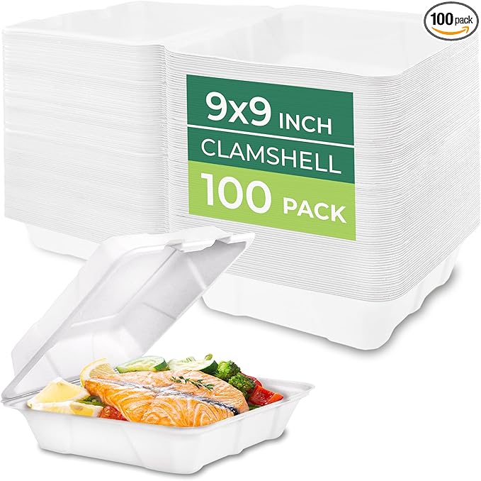 Freshware Clamshell Food Containers with Lids [9x9" 100-Pack] Disposable To Go Containers, Biodegradable Sugarcane To Go Boxes - Paper Food Container - Microwave & Freezer Safe, Stackable