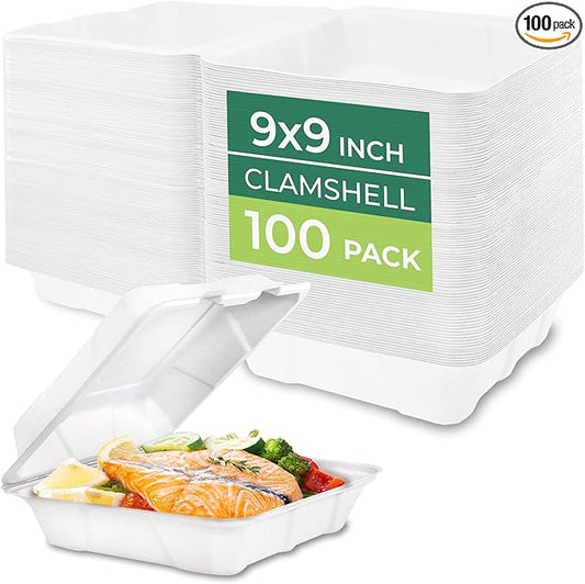 Freshware Clamshell Food Containers with Lids [9x9" 100-Pack] Disposable To Go Containers, Biodegradable Sugarcane To Go Boxes - Paper Food Container - Microwave & Freezer Safe, Stackable