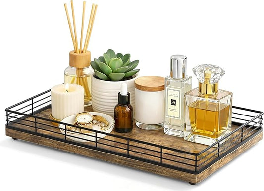 Large Bathroom Vanity Tray â 13" x 8" Decorative Wooden Tray for Bathroom Countertop & Vanity Organizer, Wood Tray for Perfume, Skincare Accessories Storage, Vanity Dresser Decor Black & Rustic Brown