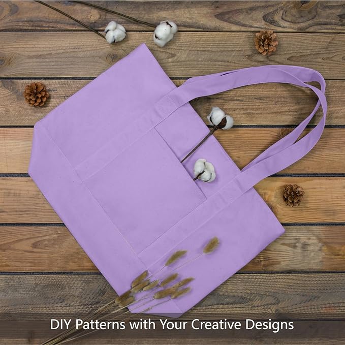 TOPDesign 3-Pack Canvas Tote Bags with an External Pocket, Reusable Grocery Shopping Bags, Top Zipper Closure, Daily Essentials (Lavender)