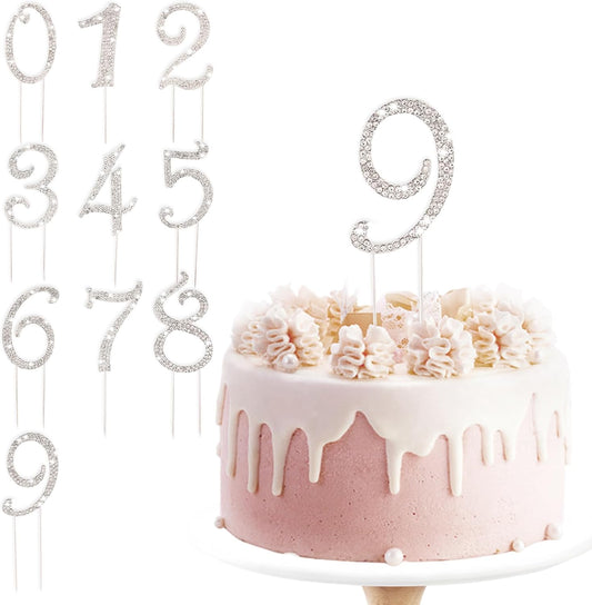 BEIDHIA Number Cake Topper 0-9,Silver Bling Rhinestone Happy Birthday Cake Topper for 9th 16th 18th 21st 30th 40th 60th 70th Birthday Party Anniversary Wedding Cake Decorations