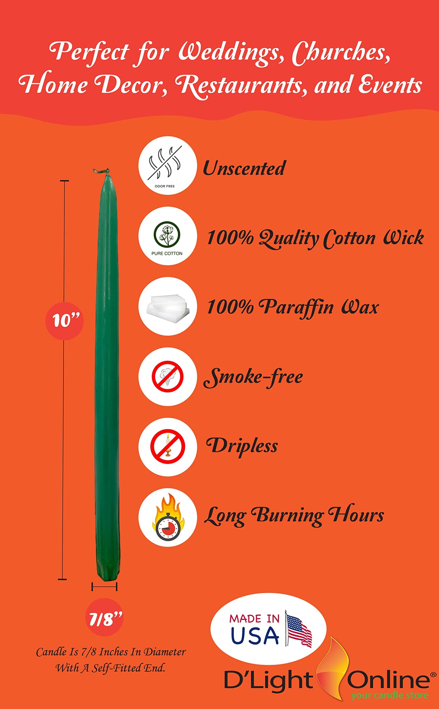 D'light Online Elegant 10" Unscented Holiday Green Taper Candles Premium Quality Candles Hand-Dipped, Dripless Tapered Candles and Smokeless - Set of 12 Individually Wrapped (10 Inch, Holiday Green)