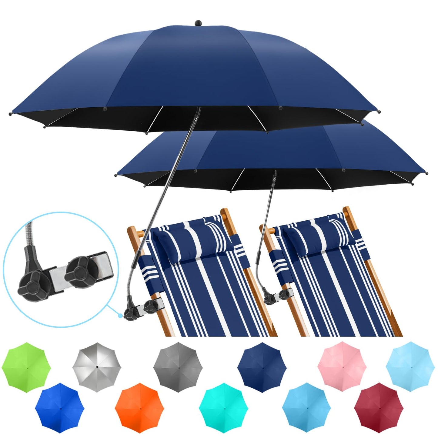 NBtoUS 2 PACK Chair Beach Umbrella with Clamp, 360 Â° Adjustable Umbrellas for Chair, UPF50+ Umbrellafor Beach Chair, Patio Chair, Camping Chairï¼Ink Blue, Chair Not Included